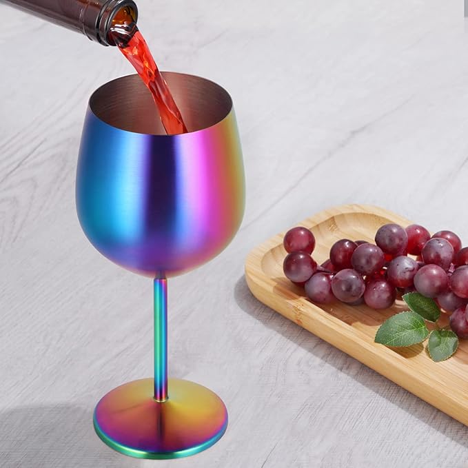 Lifecapido Stainless Steel Wine Glasses Set of 8, 18oz Colorful Stainless Steel Wine Goblets, Stemmed Metal Wine Glasses with Cup Brush for Party Office Wedding Anniversary, Great for Red White Wine