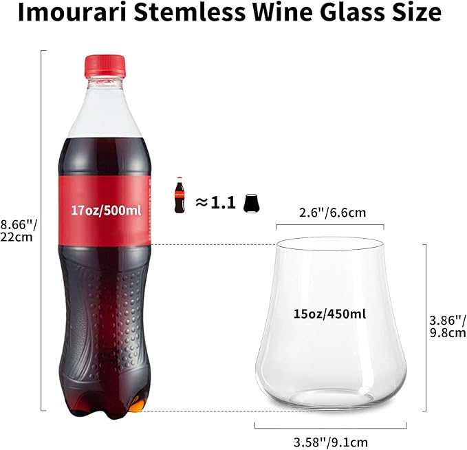Stemless Wine Glasses Set of 4: 15oz Clear Hand Blown Crystal No Stem Red Wine Glass Cups for Birthday Wedding Party - Unique Gifts for Women