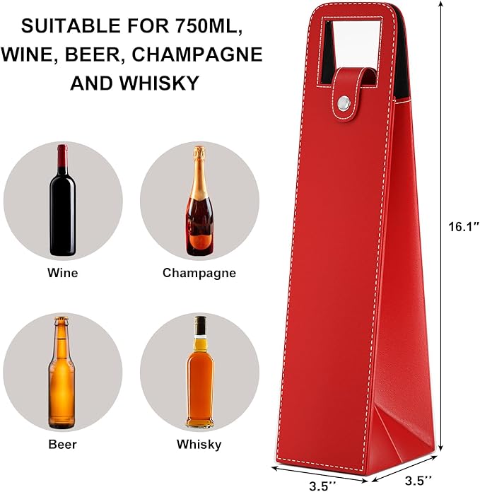 RYDDOY Wine Gift Bag, Reusable Leather Wine Tote Carrier, Single Bottle Champagne Beer Gift Bags Carrier for Birthday, Wedding, Picnic Party, Christmas festival Gifts (Red)