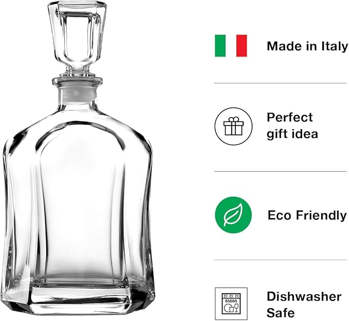 Bormioli Rocco Capitol Glass Decanter, Airtight Geometric Stopper, 23.75 oz Whiskey Decanter for Wine, Bourbon, Brandy, Liquor, Juice, Made in Italy.