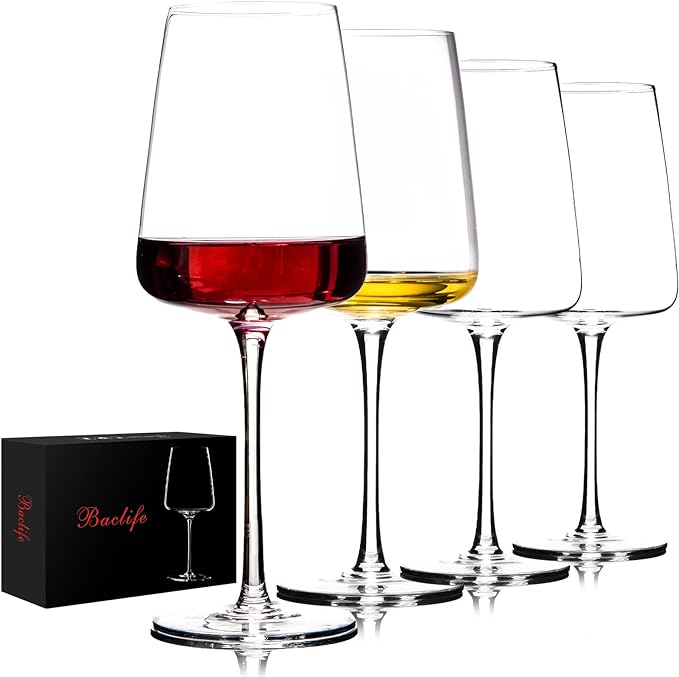 BACLIFE Hand Blown Red Wine Glasses Set of 4 – Premium Crystal Wine Glasses With Long Stem,19 oz – Unique Gift for Mother's Day, Wedding, Birthday – Ideal for Restaurants,Home Bar