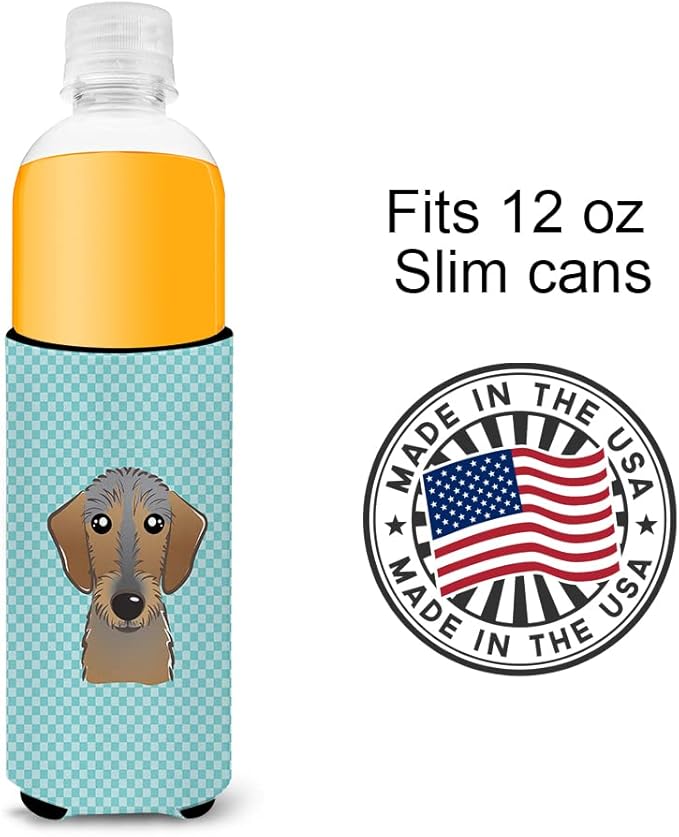 Checkerboard Blue Wirehaired Dachshund Ultra Beverage Insulators for slim cans