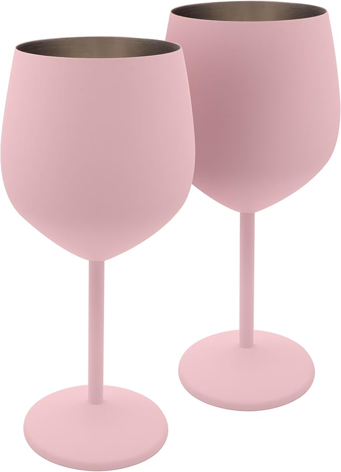 K&K Home Pink Stainless Steel Unbreakable Wine Glasses - 18 oz - Set of 2 Colored, Stemmed Metal Wine Glasses Perfect for Outdoors, Weddings, and Parties (Pink, Set of 2)