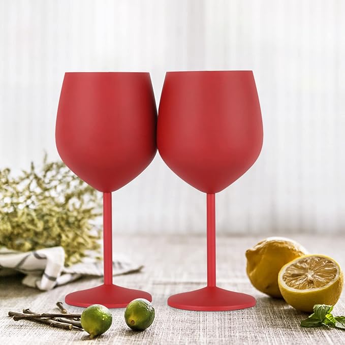 Lifecapido Stainless Steel Wine Glasses Set of 6, 18oz Stainless Steel Wine Goblets, Stemmed Metal Wine Glasses with Cup Brush for Party Office Wedding Anniversary, Great for Red White Wine (Red)