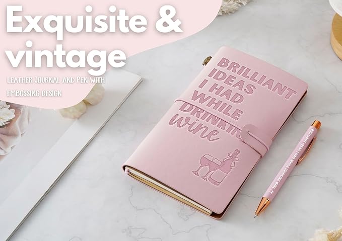 Wine gifts Leather Journal Notebook with Pen, for Wine Lovers, Men, Women on Birthday, Refillable Sketchbook, Travel Diary, Lined Planner, 7x5 Inches, Pink - Brilliant Ideas - Leather embossing