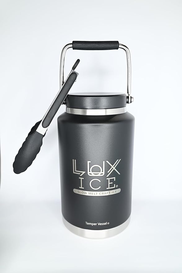 -Stainless Steel, Slow Melt, Craft Ice Temper Vessel with Tongs - 134 oz - Vaccum Sealed, Triple Insulated, Copper Lined, Dishwasher Safe - Ice Bucket, Black