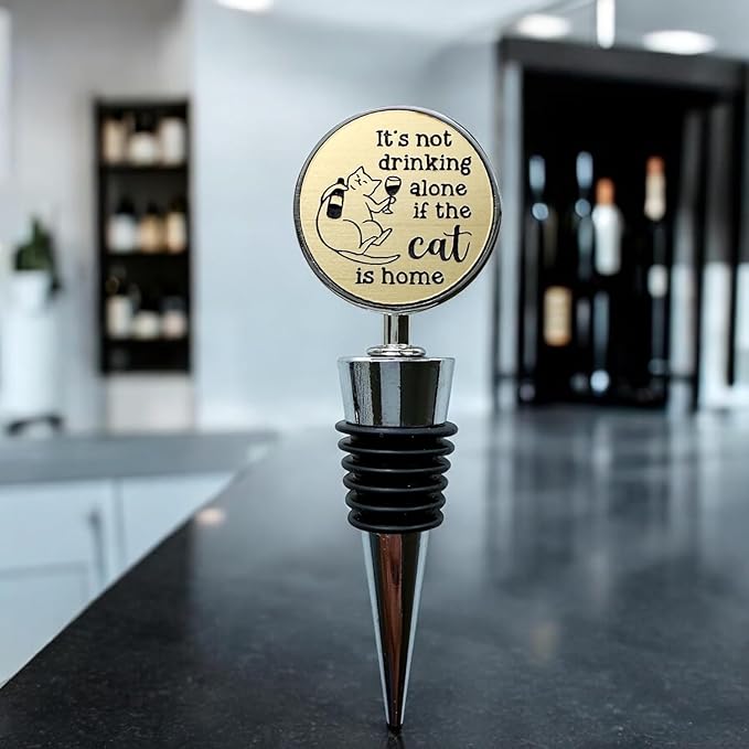 Jazzy Jade Designs Cat Wine Stopper - It’s Not Drinking Alone If the Cat is Home! Funny Wine Stopper 100% Food Grade Rubber Seal & Zinc Alloy, Laser Engraved in USA by a Small Business