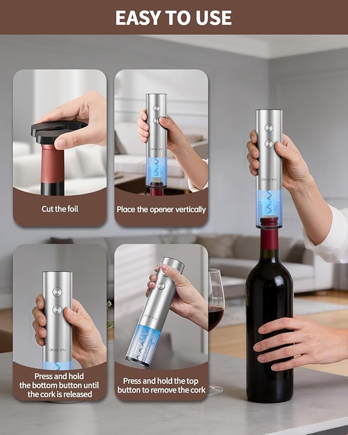 CIRCLE JOY Electric Wine Opener Rechargeable, 6-in-1 Stainless Steel Electric Cordless Wine Bottle Opener with Pourer & Foil Cutter, 2 Vacuum Preservation Stoppers and Base, Gift for Home, Party, Bar