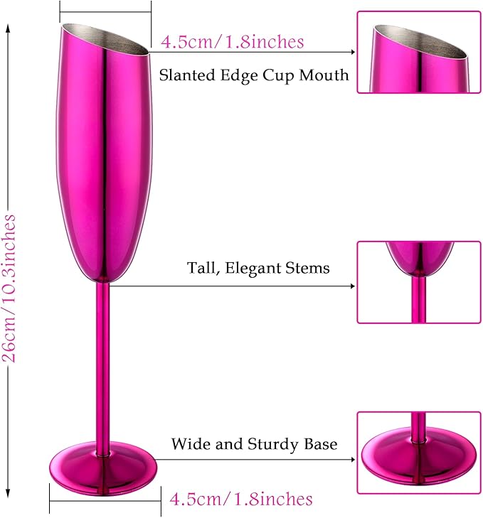 Champagne Flutes Set of 4, Premiumty Stainless Steel High Footed Champagne Glasses, 7oz Capacity,Unbreakable Slanted Champagne Glasses