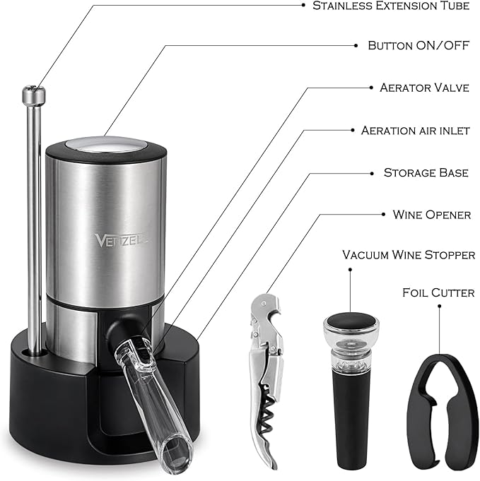 VENZELL Electric Wine Aerator and Pourer - Smart One-Button Wine Decanter with Automatic Vacuum Stopper and Dispenser