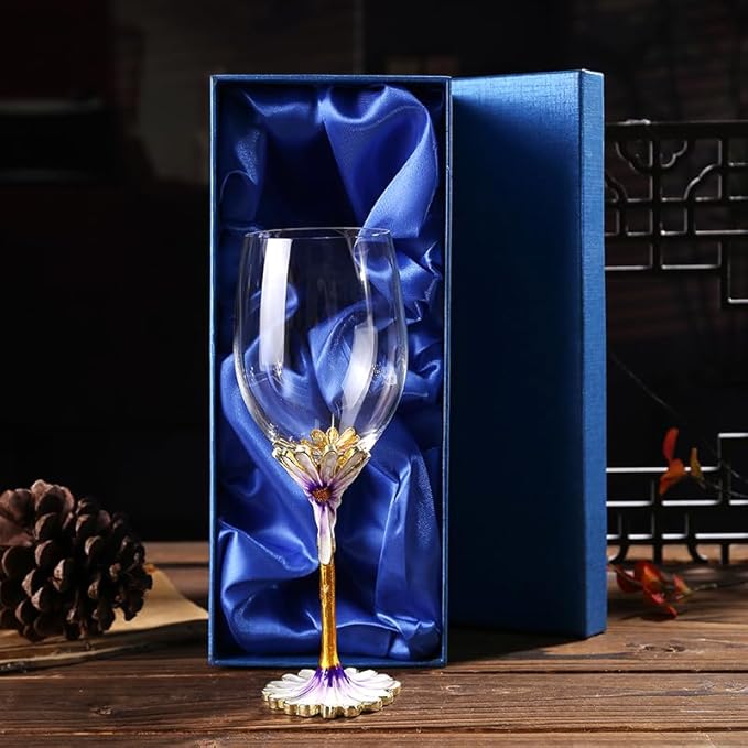 Simcat Handmade Painted Enamel Flower Glass Wine Glasses Transparent Refined Goblet, Stem For Cabernet, Gifts (purple single gift box,small flower)