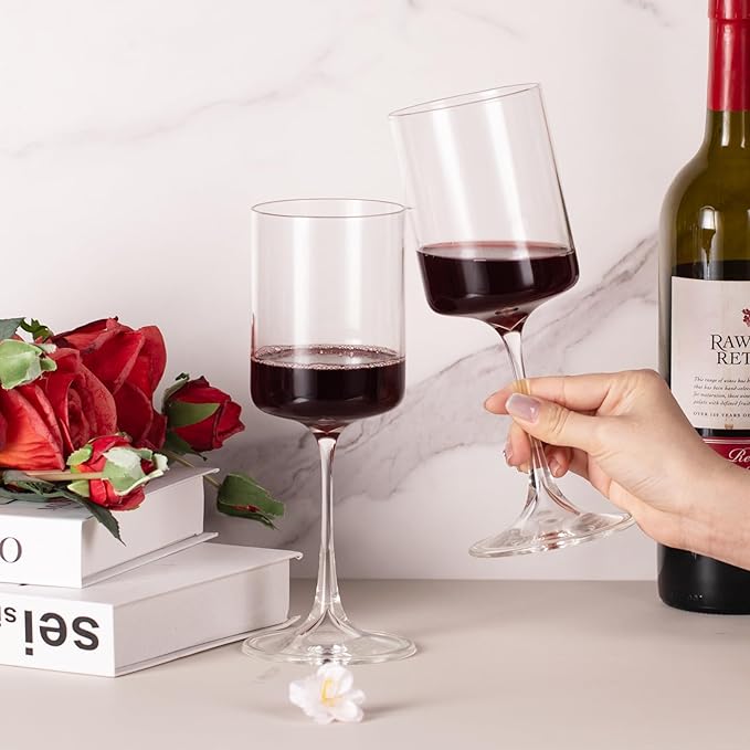 KAMMAK Wine Glasses Set of 2, 13.53 oz Hand Blown Bordeaux Wine Glasses, Thin Rim & Long Stem, Perfect for Red & White, Daily Use, Wedding or Birthday Gift with Gift Box, Fully Clear