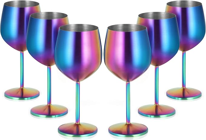 Lifecapido Stainless Steel Wine Glasses Set of 6, 18oz Colorful Stainless Steel Wine Goblets, Stemmed Metal Wine Glasses with Cup Brush for Party Office Wedding Anniversary, Great for Red White Wine