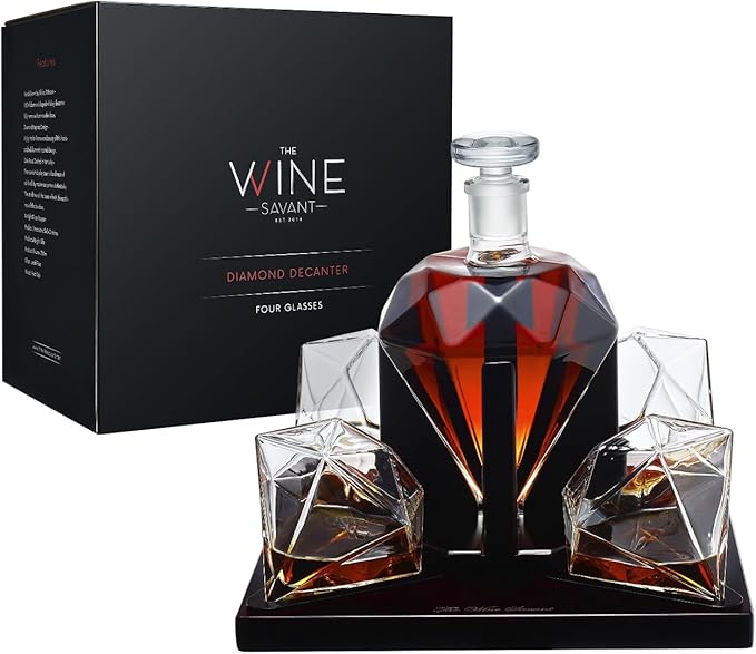 Luxury Diamond Whiskey Decanter Set with 4 Matching Glasses & Mahogany Wood Base - 750ml Hand-Blown Borosilicate Glass Liquor Dispenser for Bourbon & Scotch - Unique Home Bar Gift, Anniversaries Gifts