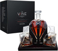 Luxury Diamond Whiskey Decanter Set with 4 Matching Glasses & Mahogany Wood Base - 750ml Hand-Blown Borosilicate Glass Liquor Dispenser for Bourbon & Scotch - Unique Home Bar Gift, Anniversaries Gifts