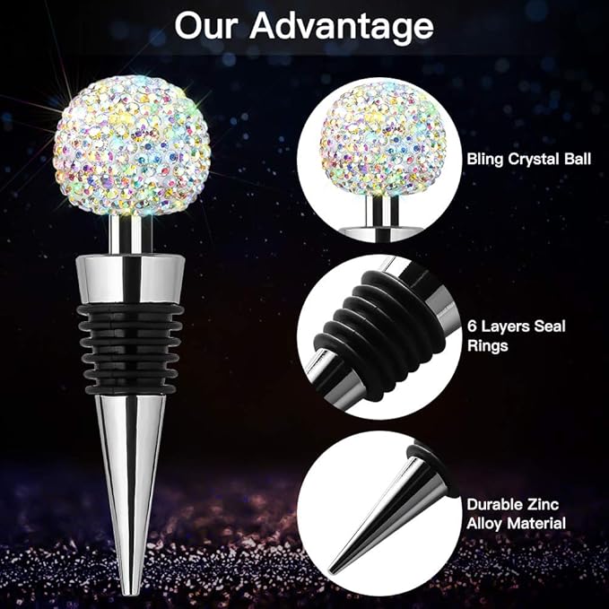 Soleebee Bling Decorative Wine Stoppers,Wine Bottle Stopper with Crystal Rhinestone, Beverage Bottle Stoppers for Gifts, Bar, Holiday Party, Wedding (AB)