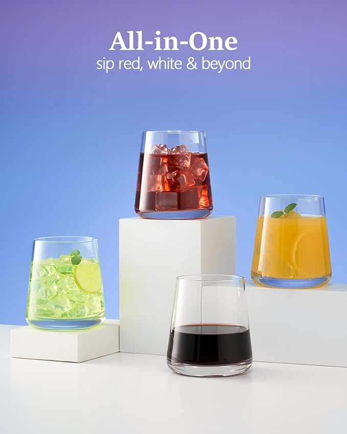 Stemless Wine Glasses Set of 4, 13.5 oz Hand-blown Whiskey Glasses for Red and White Wine, Universal Drinking Glasses for Water, Juice, Thickened Base & Dishwasher Safe, SWG-400-4