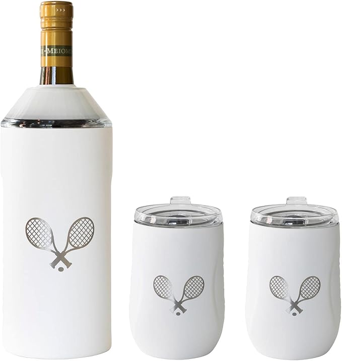 Vinglacé Wine Bottle Chiller Limited Edition Tennis Gift Set- Portable Stainless Steel Wine Cooler with 2 Stemless Wine Glasses, Tennis White