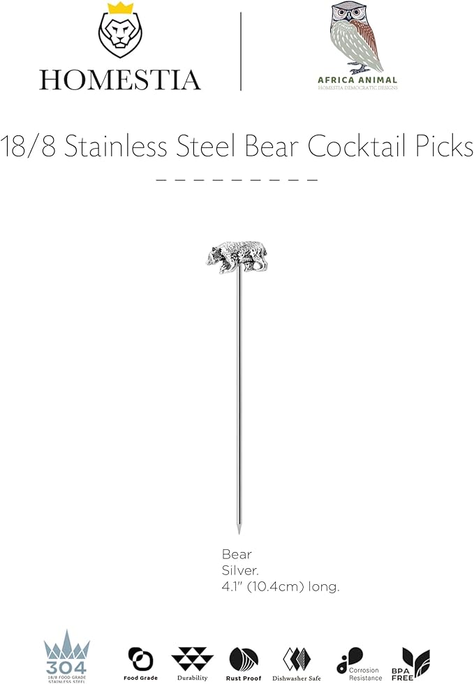 Homestia Metal Cocktail Picks for Drinks, 4.6" Bear Cocktail Toothpicks Cocktail Garnish Cocktail Swords, 6Pcs Fancy Martini Picks Olive Picks, Vintage Cocktail Pins Cocktail Accessories