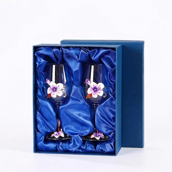 Simcat Handmade Painted Enamel Flower Glass Wine Glasses Transparent Refined Goblet, Stem For Cabernet, Gifts (purple double gift box1)
