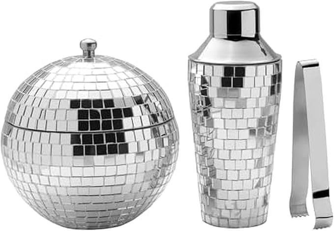 Mikasa Disco Beats 3-Piece Mirrored Bar Set with Cocktail Shaker, Ice Bucket, and Tongs – Glamorous Silver Mosaic Design for Stylish Home Entertaining