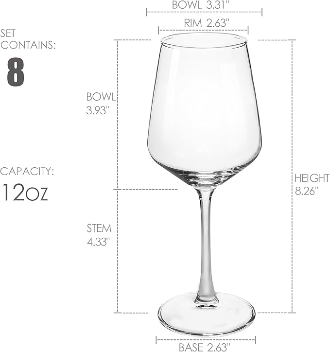 Wine Glasses set of 8, 12 oz Durable Red White Wine Glasses for Wedding, Party, Dishwasher Safe