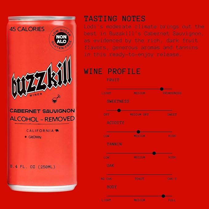 Buzzkill Wines - Non-Alcoholic Cabernet Sauvignon | Dealcoholized California Dry Red Wine, Gluten-Free, Alcohol-Free, Low Sugar, 45 Calories, Pack of 4, (8.4 fl. oz. each can) 33.8 FL Oz