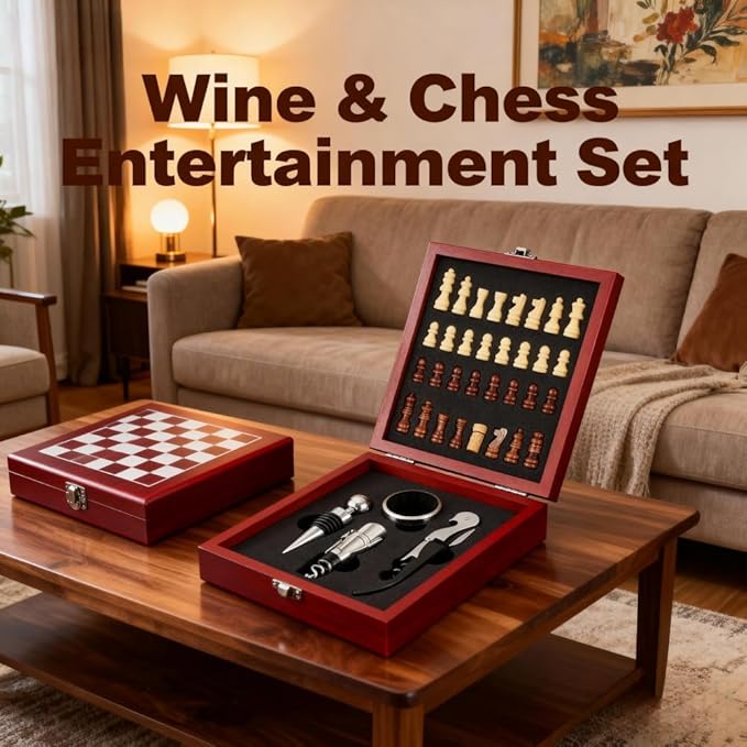 Wine Opener Gift Set with Chess Board, 5 in 1 Elegant Wine Accessories Kit with Waiter's Corkscrew, Pourer, Stopper & Foil Cutter, Unique Gifts for Wine Lovers & Hosts