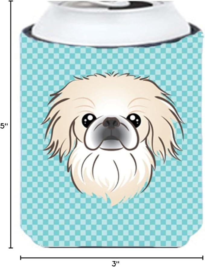 Caroline's Treasures BB1159CC Checkerboard Blue Pekingese Can or Bottle Hugger Cooler Washable Drink Sleeve Collapsible Beverage Insulated Holder, Can Hugger, Multicolor