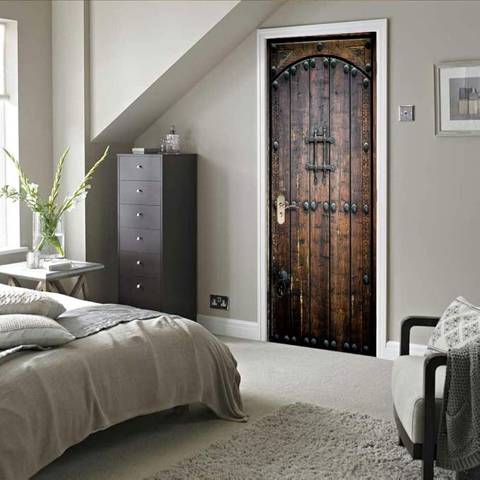 3D Door Wallpaper Self-Adhesive Sticker Wooden Film Poster Premium PVC Waterproof Wall for Bedroom Living Room Decoration 95 x 200 cm