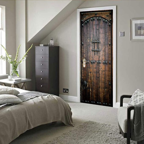3D Door Wallpaper Self-Adhesive Sticker Wooden Film Poster Premium PVC Waterproof Wall for Bedroom Living Room Decoration 95 x 200 cm