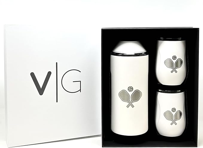 Vinglacé Wine Bottle Chiller Limited Edition Pickleball Gift Set- Portable Stainless Steel Wine Cooler with 2 Stemless Wine Glasses, Pickleball White