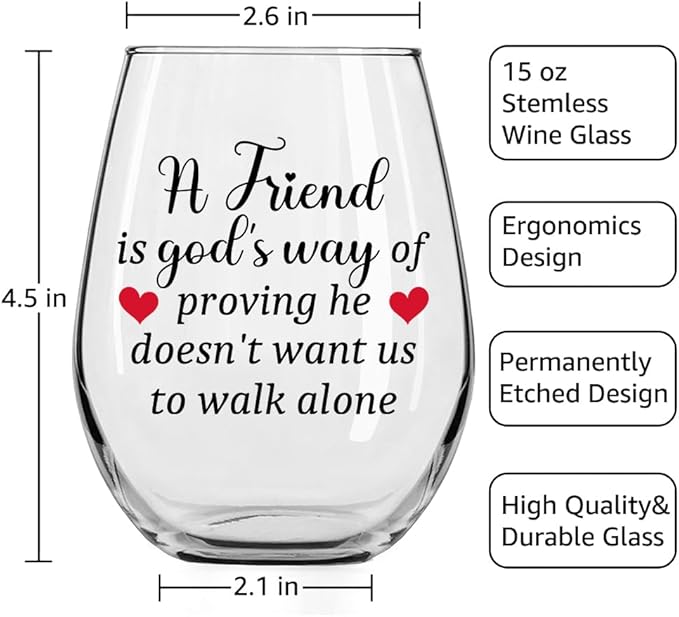 DYJYBMY A Friend Is God's Way Of Proving He Doesn't Want Us To Walk Alone Stemless Wine Glass, Funny Wine Tumbler With Gifts Box, Housewarming Birthday Gifts For Friend Religious Enthusiasts Bestie