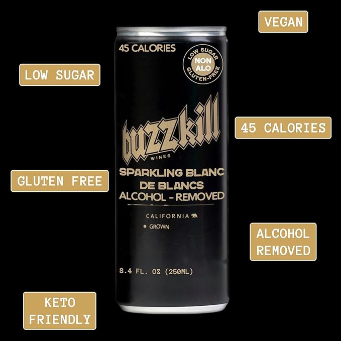 Buzzkill Wines Non-Alcoholic Sparkling Blanc de Blancs | Dealcoholized California Dry White Wine, Gluten-Free, Alcohol-Free, Low Sugar, 45 Calories, Pack of 4, (8.4 fl. oz. each can) 33.8 FL Oz