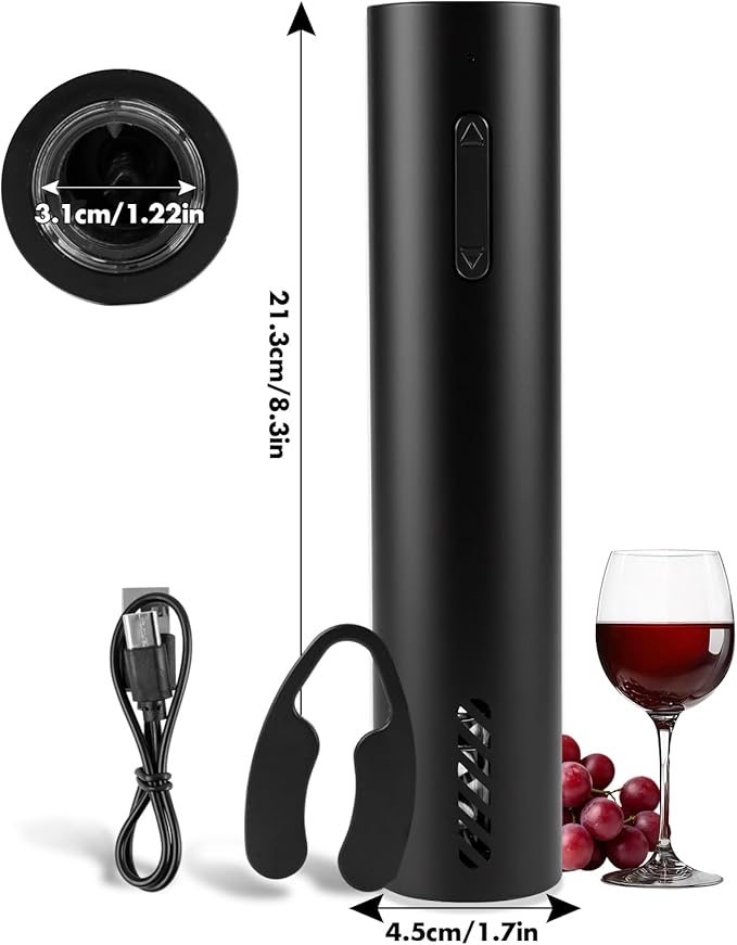 Electric Wine Opener, Rechargeable Battery Operated Wine Bottle Opener with Foil Cutter, One-click Corkscrew Remover for Home, Kitchen, Party, Wedding - Black