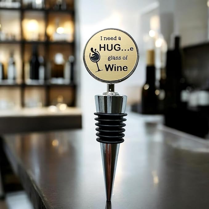 Jazzy Jade Designs Funny Wine Stopper - “I Need a HUGe Glass of Wine!” Laser Engraved Zinc Alloy & 100% Food-Grade Rubber Bottle Stopper - Cute Wine Gift & Bar Accessory, Made in USA by Small Business