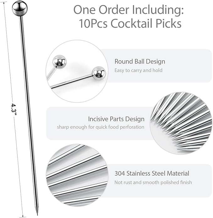 10 Pcs Metal Cocktail Picks, 4.17" Stainless Steel Reusable Toothpicks Skewers for Drinks Garnish Martini Olive Appetizers Bar Accessories Gift