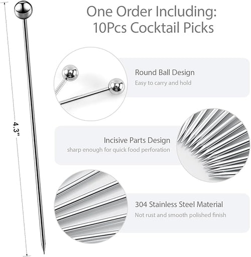 10 Pcs Metal Cocktail Picks, 4.17" Stainless Steel Reusable Toothpicks Skewers for Drinks Garnish Martini Olive Appetizers Bar Accessories Gift