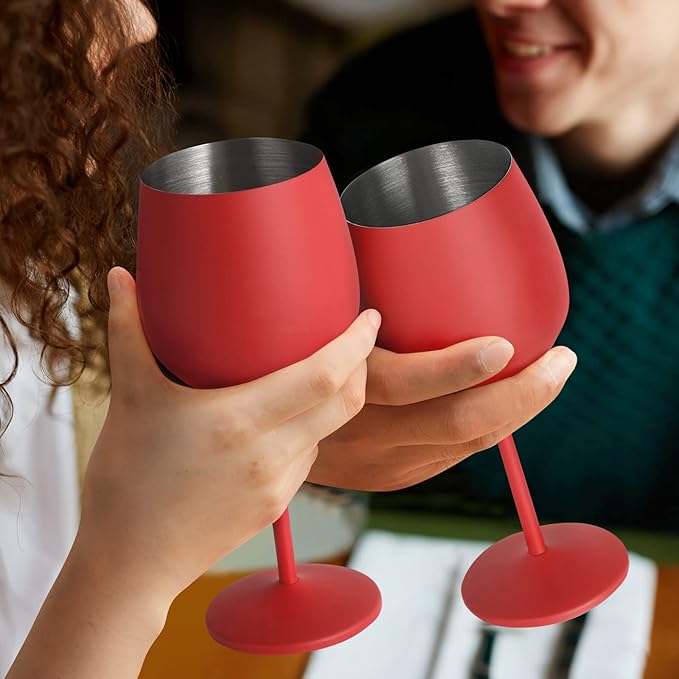 Lifecapido Stainless Steel Wine Glasses Set of 4, 18oz Stainless Steel Wine Goblets, Stemmed Metal Wine Glasses with Cup Brush for Party Office Wedding Anniversary, Great for Red White Wine (Red)