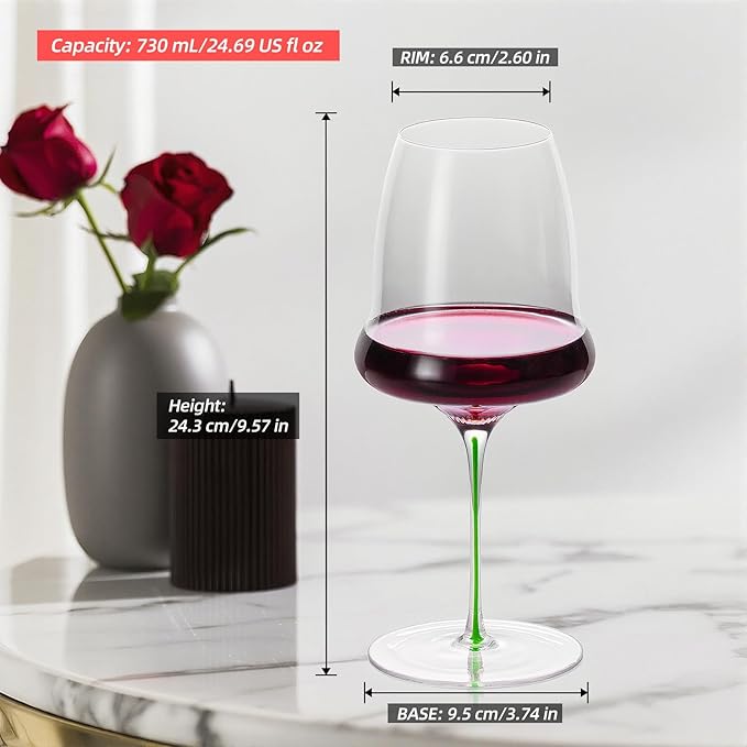 KAMMAK Wine Glasses Set of 2, 24.69 oz Hand Blown Crystal Bordeaux Wine Glasses, Thin Rim & Long Stem, Perfect for Red & White, Daily Use, Wedding or Birthday Gift with Gift Box, Clouds Green