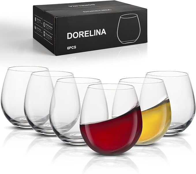 Stemless Wine Glasses Set of 6 – 15oz Elegant Modern Red & White Wine Glasses for Everyday Use, Dishwasher Safe, Shatter-Resistant Crystal-Ergonomic Design, Drinking Glasses Gifts