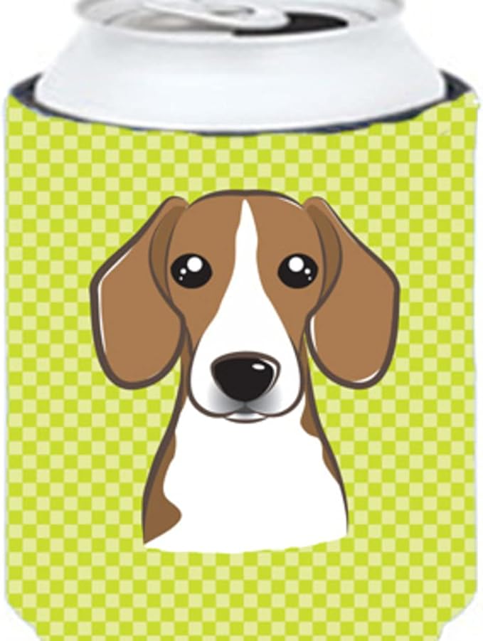 Caroline's Treasures BB1301CC Checkerboard Lime Green Beagle Can or Bottle Hugger Cooler Washable Drink Sleeve Collapsible Beverage Insulated Holder, Can Hugger, Multicolor