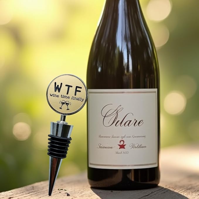 Jazzy Jade Designs Funny Wine Stopper - “Wine Time Finally!” Laser Engraved Zinc Alloy & 100% Food-Grade Rubber Bottle Stopper - Cute Wine Gift & Bar Accessory, Made in USA by Small Business