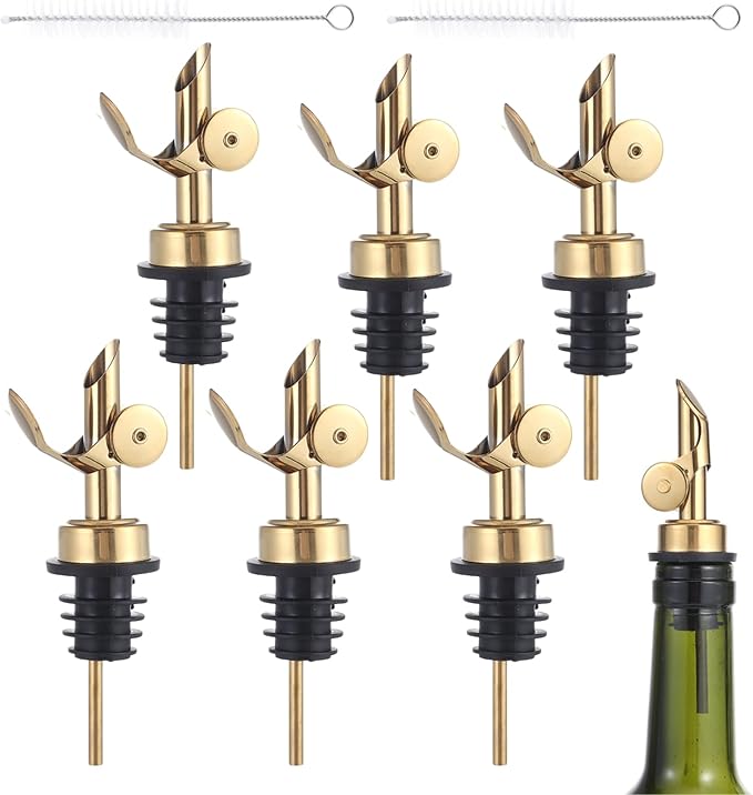 beyonday 6pcs Self Closing Liquor Bottle Pourers - Gold, Auto Flip Wine Bottle Stoppers with Rubber Dust Cap & Cleaning Brush, Weighted Olive Oil Vinegar Dispenser Spout, Fit about 3/4'' Bottle Mouth
