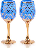 Blue and Gold Gold Wine Glasses Set of 2, Colored Long Stemmed and Rimmed Decorative Fancy Crystal Glassware, Cobalt Goblets for Gifts, Wedding, Festival, Birthday, Thanksgiving, 12oz