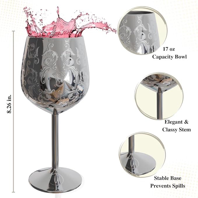 Mother’s Day Gift for Mom – Set of 2 Silver Stainless Steel Wine Glasses, 17oz Engraved Goblets with Bottle Stopper, Unbreakable Elegant Wine Cups, Gift for Women, Wife, Mom, Sister