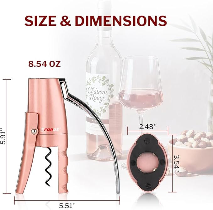 Forge Quality Compact Vertical Lever Corkscrew Wine Opener with Foil Cutter. 3 Seconds to Open a Bottle of Wine. Pink.
