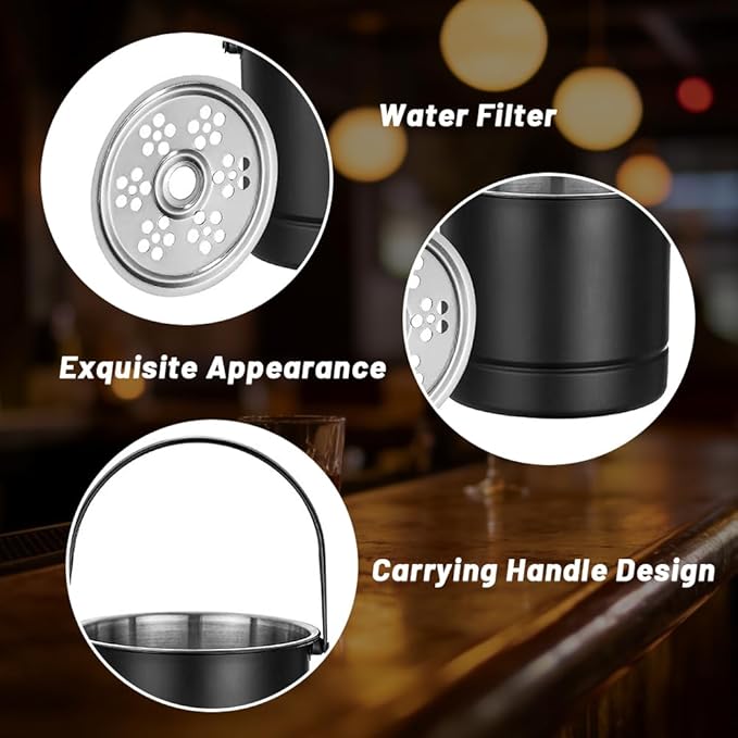 1L Ice Bucket, Professional Thickened Stainless Steel Ice Container with Filter Plate and Carrying Handle, Portable Chiller Bin Basket Black for Bar Parties Restaurant Bar(14x13.8x12.5cm)