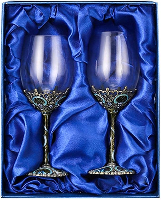 Comeon Wine Glasses Clear Handcrafted Champagne Glasses Red Wine Glasses Set of 2 Enamel Floral Goblets (Blue)