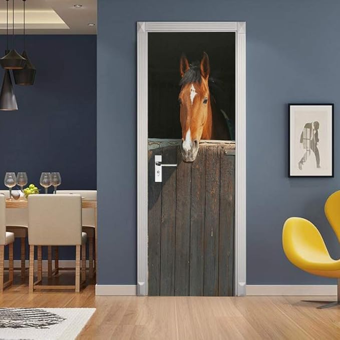 Horse 3D Door Stickers Murals - Peel & Stick Waterproof Washable Matt Finish Realistic Animal Print Adult Kid All Seasons Wall 34.6" x 78.7"